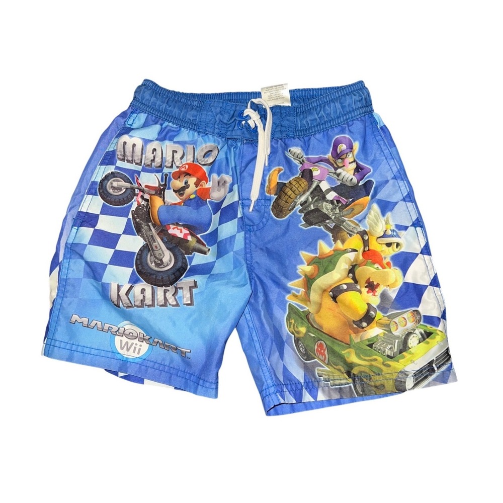 Y2K Nintendo Mario Kart Wii Boys Swim Trunks Blue Checkered Board Shorts Size 4